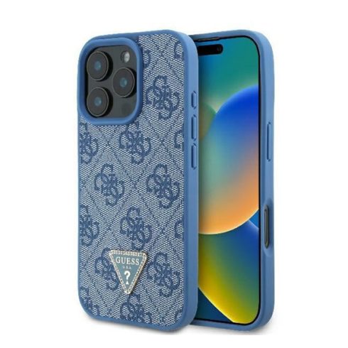 Guess Leather 4G Triangle Strass iPhone 16 Pro Max kemény hátlap tok, kék GUHCP16XP4TDPB