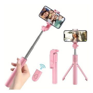   Prémium selfie bot, 19 - 70 cm, forgatható, exponáló gombbal, bluetooth-os, v4.0, tripod, R1, rózsaszín