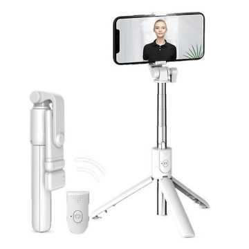   Prémium selfie bot, 19 - 70 cm, forgatható, exponáló gombbal, bluetooth-os, v4.0, tripod, világítással, R1S, fehér