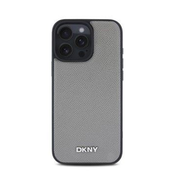   DKNY PU Leather Silver Metal Logo iPhone 16 Pro MagSafe tok, szürke