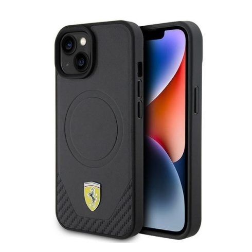 Ferrari Carbon Metal Logo  iPhone 15 / 14 / 13 MagSafe kompatibilis kemény hátlap tok, fekete FEHMP15SPTEK