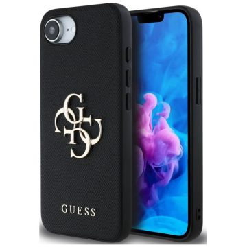   Guess PU Grained 4G Metal Logo Apple iPhone 16e hátlap tok, fekete