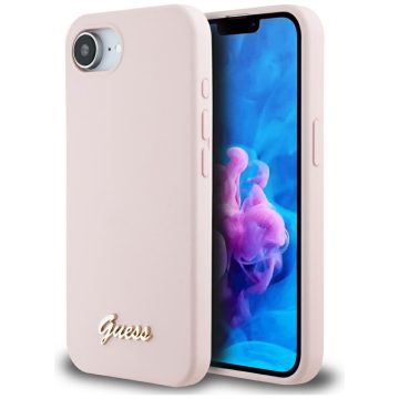   Guess Silicone Script Metal Logo Apple iPhone 16e MagSafe szilikon tok, rózsaszín