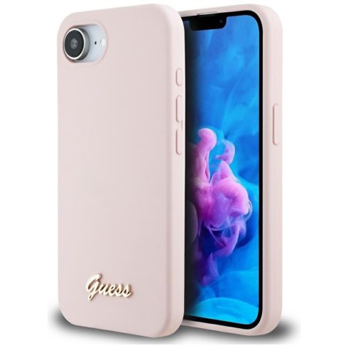 Guess Silicone Script Metal Logo Apple iPhone 16e MagSafe szilikon tok, rózsaszín