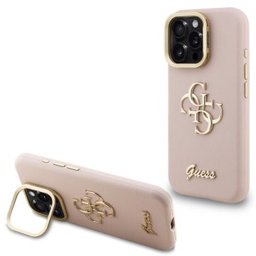   Guess PU Grained 4G Logo Stand Camera Frame iPhone 15 Pro Max hátlap tok kitámasztóval, rózsaszín