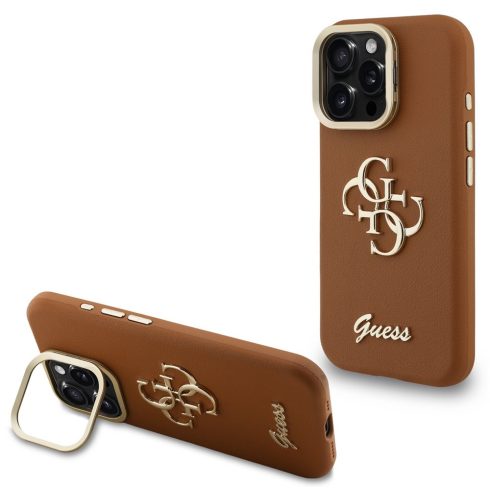 Guess PU Grained 4G Logo Stand Camera Frame iPhone 16 Pro hátlap tok kitámasztóval, barna
