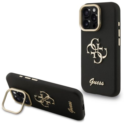 Guess PU Grained 4G Logo Stand Camera Frame iPhone 16 Pro hátlap tok kitámasztóval, fekete
