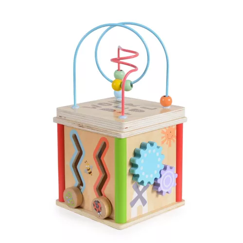 Moni Toys Holzspielzeug, Aktivitätswürfel aus Holz mit Uhr