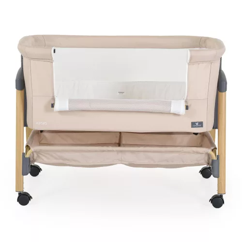 ADORO Babybett mit Moskitonetz, 7-fach verstellbarer Rückenlehne, Rollen und Stauraum, Beige/Kirschbraun