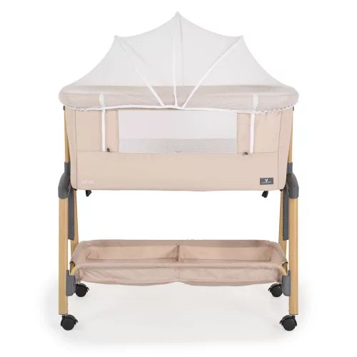 ADORO Babybett mit Moskitonetz, 7-fach verstellbarer Rückenlehne, Rollen und Stauraum, Beige/Kirschbraun