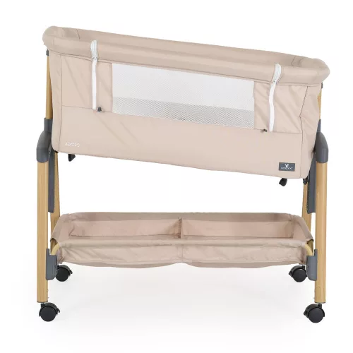 ADORO Babybett mit Moskitonetz, 7-fach verstellbarer Rückenlehne, Rollen und Stauraum, Beige/Kirschbraun