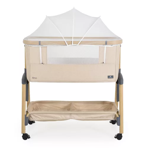 AMO Babybett, 7 Positionen, mit Moskitonetz und Aufbewahrungskorb, Beige