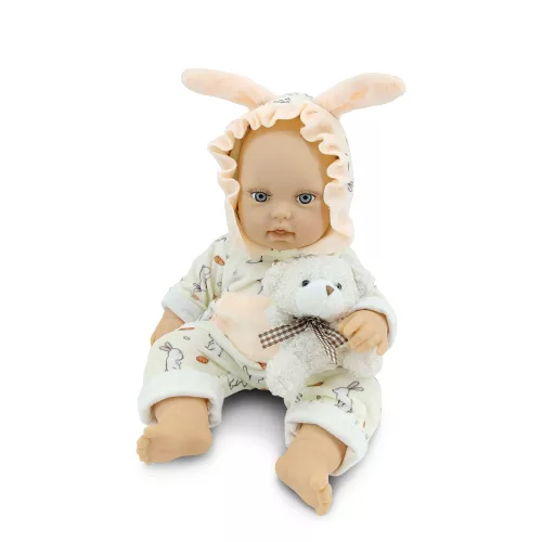 BABA 30cm  újszülött nyusziruhában kisnyuszival SZÜRKE