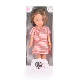   Puppe, 33 cm groß, mit gestreiftem Kleid, braunem Haar, rosa