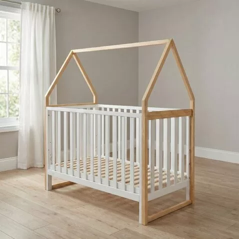 ASTRA Babybett aus Holz, hausförmig, 3-fach höhenverstellbar, 60 x 120 cm
