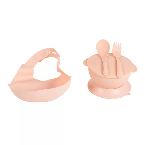 Überraschungshochstuhl mit Silikonteller, Besteck und Lätzchen in Rosa