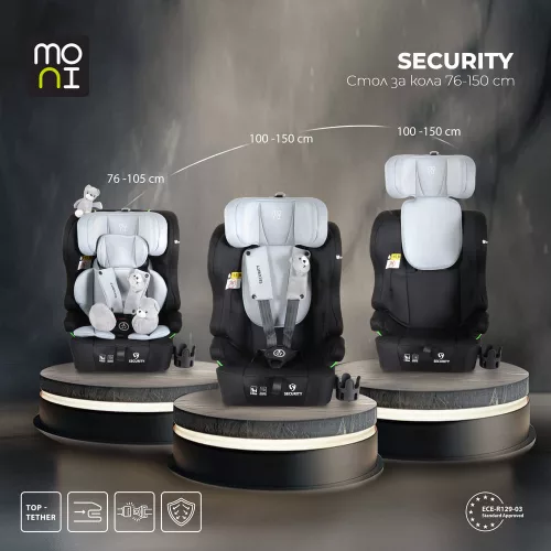 SECURITY autós ülés belső övvel, isofix, ajándék 2plüss+párna 76-150cm SZÜRKE