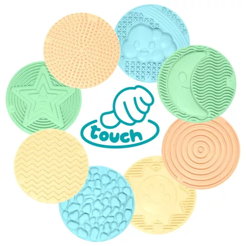 MOCHTOYS Play&Squish Sinnesmatte – runde Tastfliesen, 8 Stück, Pastellfarben