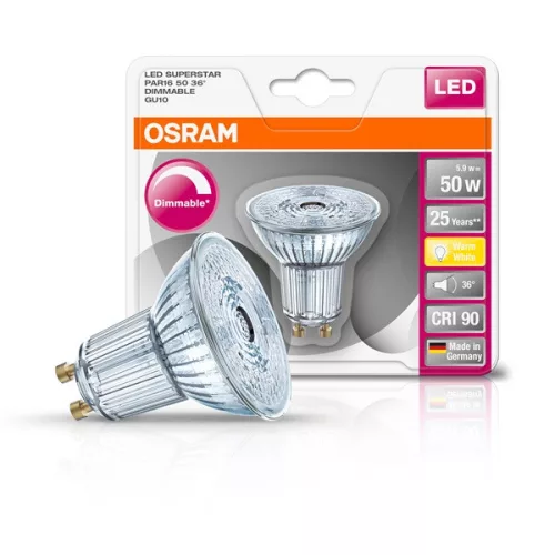 Osram Superstar PAR16 sklenené puzdro/5,5W/350lm/2700K/GU10/230V stmievateľná LED bodová žiarovka
