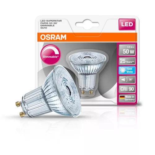 Osram Superstar PAR16 sklenené puzdro/5,5W/350lm/4000K/GU10/230V stmievateľná LED bodová žiarovka