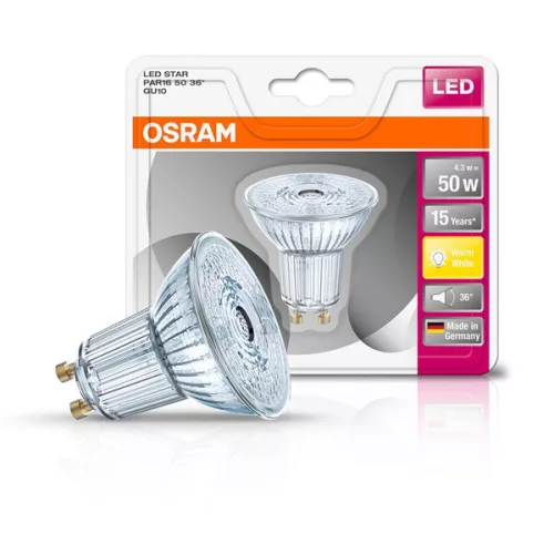 LED žiarovka Osram Star PAR16 so skleneným puzdrom/4,3 W/350 lm/2700 K/GU10/230 V/36 dcl/81 lm/W