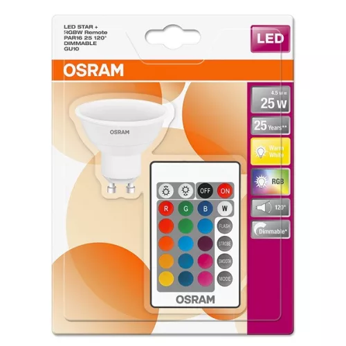 Osram Star+ RGBW/plastové puzdro 4,5W/250lm/2700K/GU10 diaľkovo ovládaná LED PAR16 bodová žiarovka