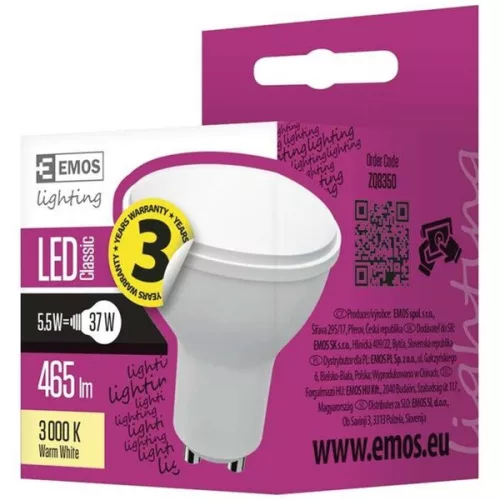Emos ZQ8350 CLASSIC 5,5W GU10 465 lúmenov teplá biela LED bodová žiarovka
