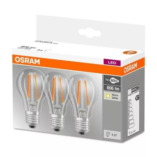 LED žiarovka Osram Base s priehľadným skleneným tienidlom/7W/806lm/2700K/E27/v krabičke 3 ks