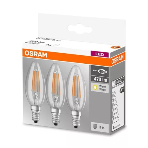 LED sviečková žiarovka Osram Base s čírym skleneným tienidlom/4W/470lm/2700K/E14/v krabičke 3 ks