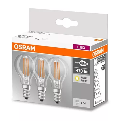 Osram tienidlo s priehľadným sklom/4W/470lm/2700K/E14 LED malá guľová žiarovka 3 ks