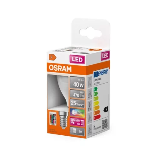 Osram Star+ RGBW/matné tienidlo/5,5W/470lm/2700K/E14 diaľkovo ovládaná LED malá guľôčková žiarovka