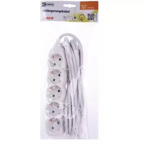 Emos P1525R 5 zásuviek 5 metrov 1,5 mm2 biely predlžovací kábel s vypínačom