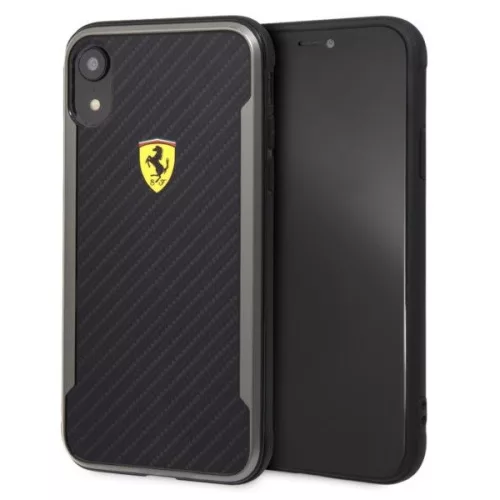 Ferrari SF Racing Shield iPhone XR Rückseite in Schwarz mit Carbon-Effekt