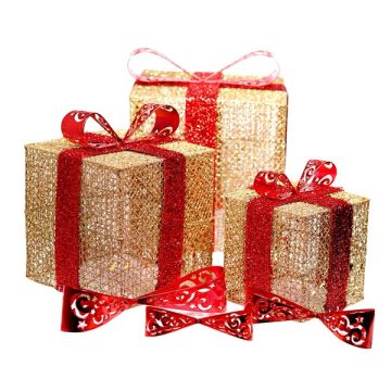  Iris Doboz alakú /1db 20cm, 1db 25cm, 1db 30cm/ arany-piros fémdoboz műanyag masnival dekor szett