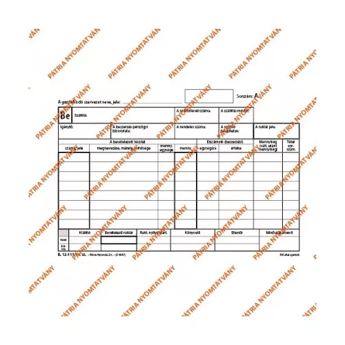 B.12-111/V A5 25x4 fekvő "Készletbevételezési bizonylat" nyomtatvány