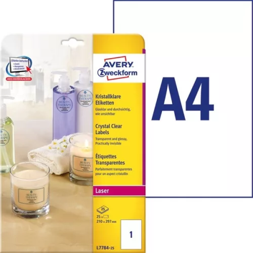 Avery L7784-25 210x297mm 25db-os poliészter víztiszta etikett