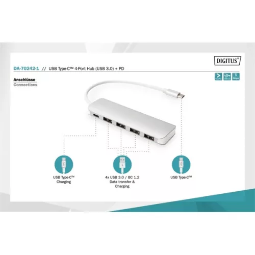 DIGITUS USB Type-C 4-portový USB 3.0 hub + PD