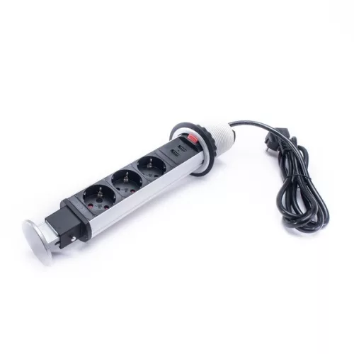 TOO PPS-304-3S IP20, 3x 2P+F, 2x USB-A, brúsený stolový zapustený napájací kábel