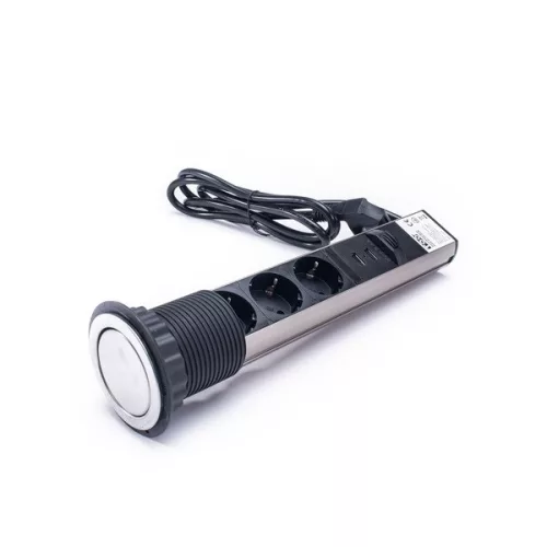 TOO PPS-305-3C IP20, 3x 2P+F, 2x USB-A, chrómová stolová zapustená rozvodná skrinka