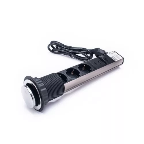 TOO PPS-305-3C IP20, 3x 2P+F, 2x USB-A, chrómová stolová zapustená rozvodná skrinka