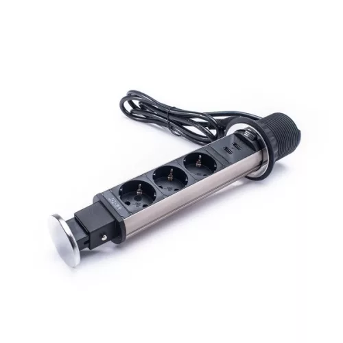 TOO PPS-305-3C IP20, 3x 2P+F, 2x USB-A, chrómová stolová zapustená rozvodná skrinka