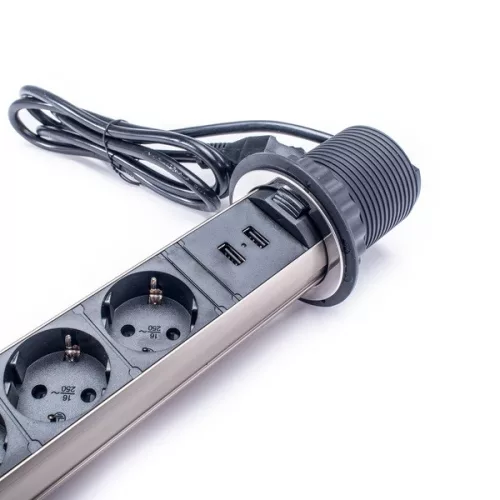 TOO PPS-305-3C IP20, 3x 2P+F, 2x USB-A, chrómová stolová zapustená rozvodná skrinka