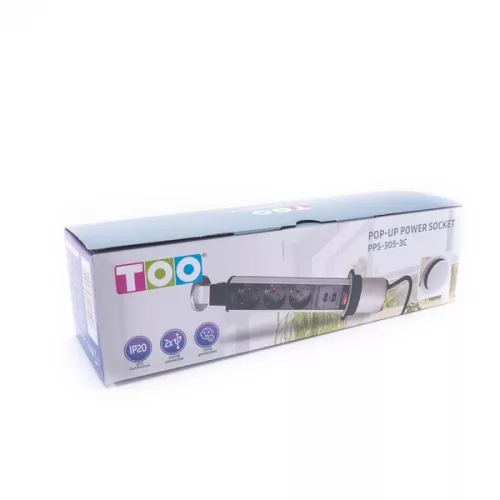 TOO PPS-305-3C IP20, 3x 2P+F, 2x USB-A, chrómová stolová zapustená rozvodná skrinka