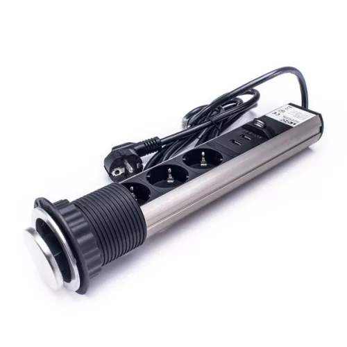 TOO PPS-306-3BR IP20, 3x 2P+F, 2x USB-A, brúsený stolový zapustený napájací kábel