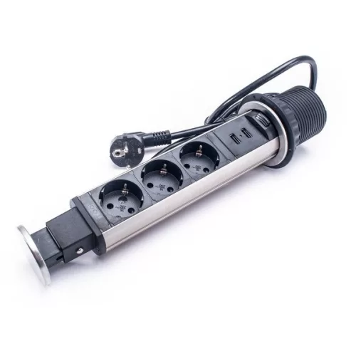 TOO PPS-306-3BR IP20, 3x 2P+F, 2x USB-A, brúsený stolový zapustený napájací kábel