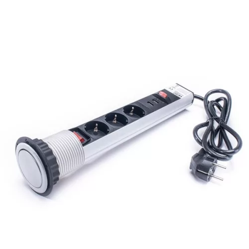 TOO PPS-307-3S IP20, 3x 2P+F, 2x USB-A, s odpojovacím vypínačom, strieborná stolová zapustená rozvodná skrinka