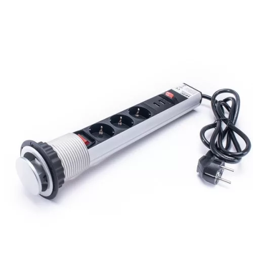 TOO PPS-307-3S IP20, 3x 2P+F, 2x USB-A, s odpojovacím vypínačom, strieborná stolová zapustená rozvodná skrinka