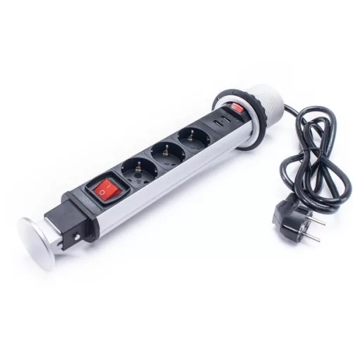 TOO PPS-307-3S IP20, 3x 2P+F, 2x USB-A, s odpojovacím vypínačom, strieborná stolová zapustená rozvodná skrinka