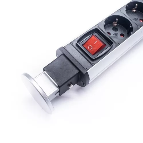 TOO PPS-307-3S IP20, 3x 2P+F, 2x USB-A, s odpojovacím vypínačom, strieborná stolová zapustená rozvodná skrinka