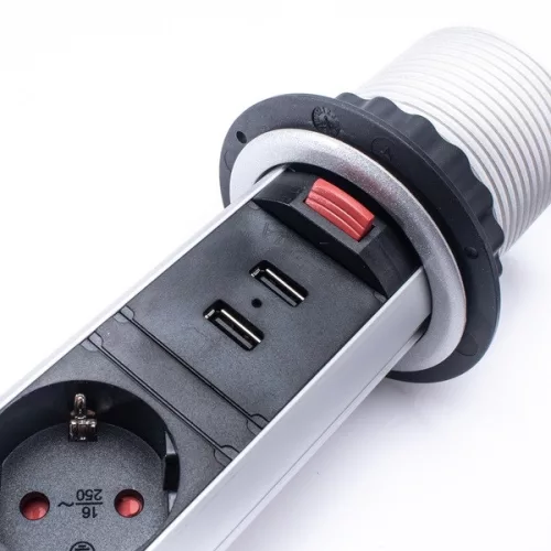 TOO PPS-307-3S IP20, 3x 2P+F, 2x USB-A, s odpojovacím vypínačom, strieborná stolová zapustená rozvodná skrinka